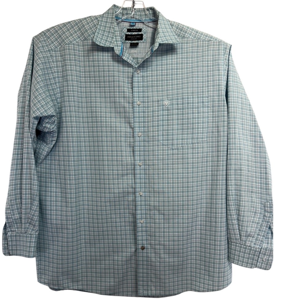 Ariat Pro Series Mens XL-Tall Blue Grid Check Stretch L/S Button Shirt (BB17)